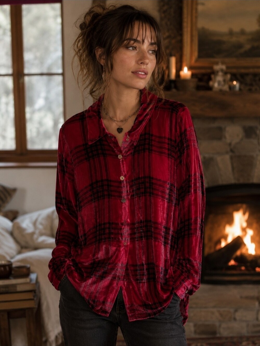 Soft Surroundings Red Plaid Velvet Silk Blend Cozy Button-Up Shirt Size Large